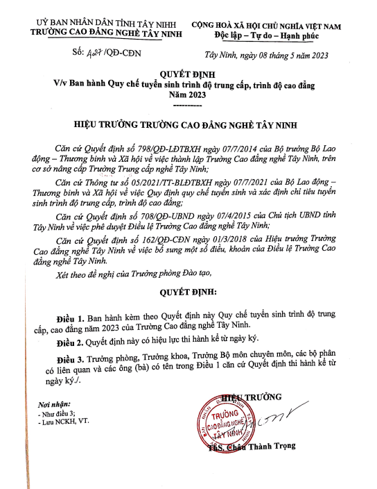 Quyết định Ban hành quy chế tuyển sinh trình độ trung cấp, trình độ cao đẳng năm 2023